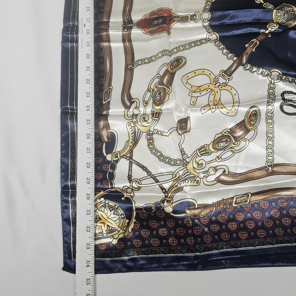 Equestrian Scarf Horse Tack Chain Print Navy Cream Gold 34 X‎ 34 - Picture 3 of 4